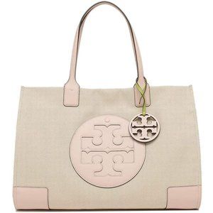 Like New Tory Burch Canvas Large Ella Natural& Pink Logo Tote Bag dimensions
